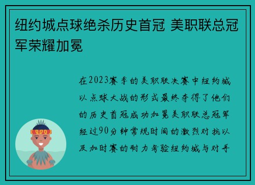 纽约城点球绝杀历史首冠 美职联总冠军荣耀加冕 纽约城点球绝杀历史首冠 美职联总冠军荣耀加冕